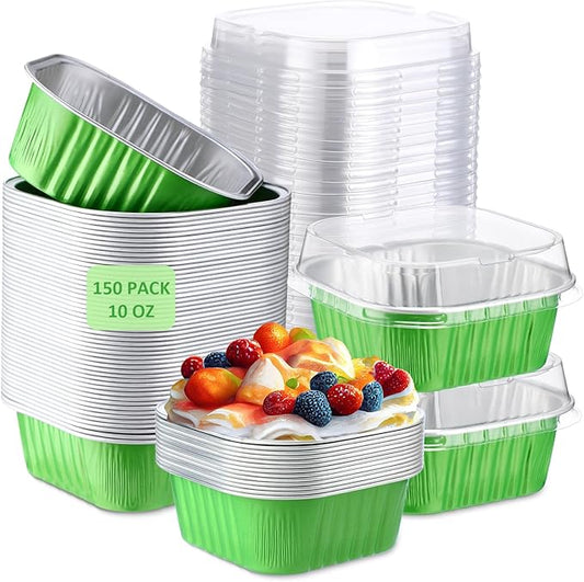 Aoriher 150 Pieces 10 oz Mini Cake Pans with Lids Aluminum Foil Baking Cups Square Disposable 4" x 4" Large Cupcake Cups Baking Tins for Kitchen Brownie Pudding Desserts Holders(Green)