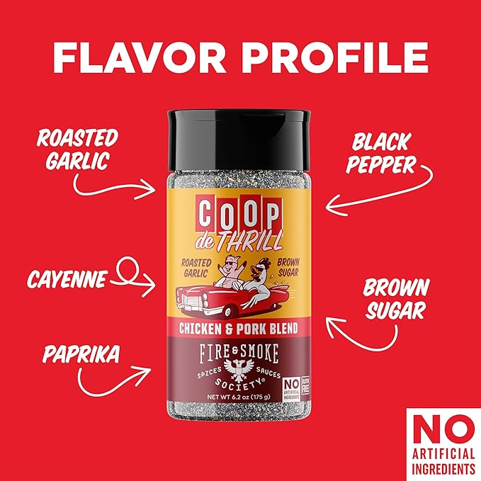 Fire & Smoke Society Coop de Thrill BBQ Seasoning | Chicken Seasonings and Pork Rubs for Smoking and Grilling | Chicken Wings, Pork Seasoning, Poultry | Black Pepper, Chili Pepper, Brown Sugar | M 6.2 oz