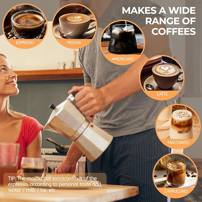 Aluminum 3 Cup 150ml Moka Pot Express Coffee Maker Stovetop Espresso Percolator Coffeemaker Italian Classic Style Brewing Greca Cafe Mocha Machine for Cafeteras Lover Camping Travel and Home Use 5oz