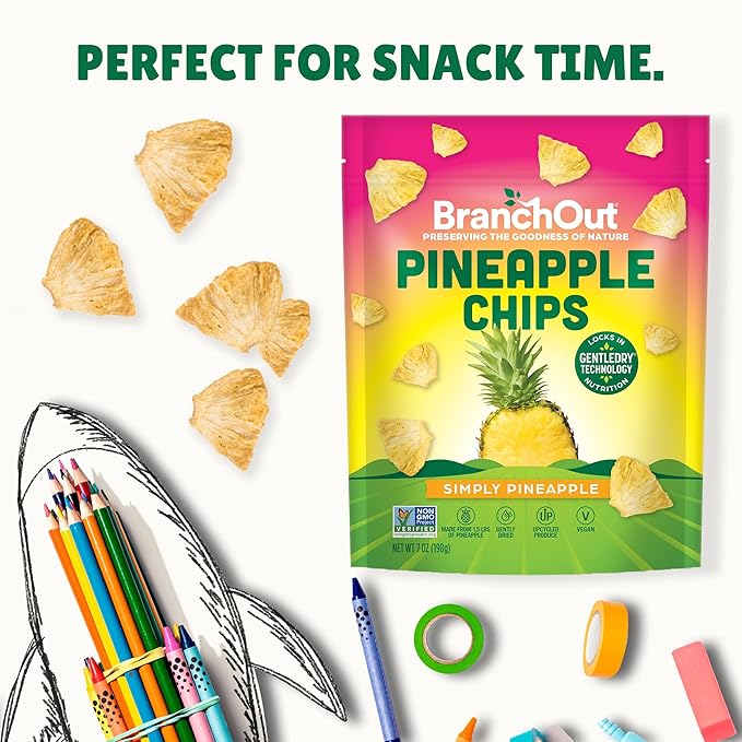 BranchOut Pineapple Chips, No Sugar Added, Real Dried Pineapple Chunks, GentleDry, Better than Freeze Dried Pineapple, Healthy Vegan Fruit Snacks for Kids & Adults, 7 oz