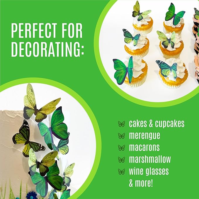 Sugar Robot Edible Butterflies for Cake Decorating- Large Size Butterfly Decorations - Cake Toppers and Cupcake Toppers - Made in the USA - Premium Crafted (Green)