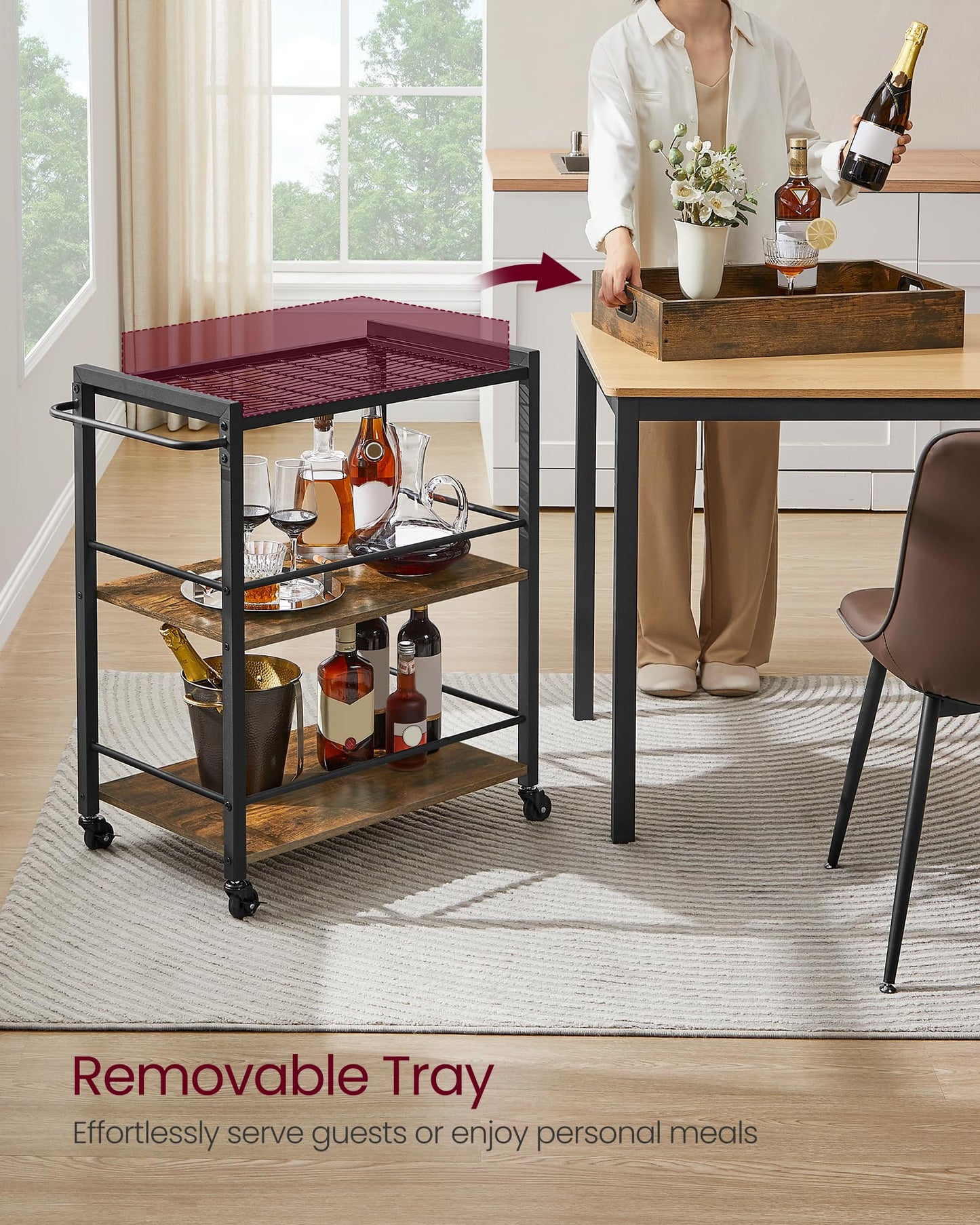 VASAGLE Kitchen Serving Cart with Removable Tray, 3-Tier Kitchen Utility Cart on Wheels with