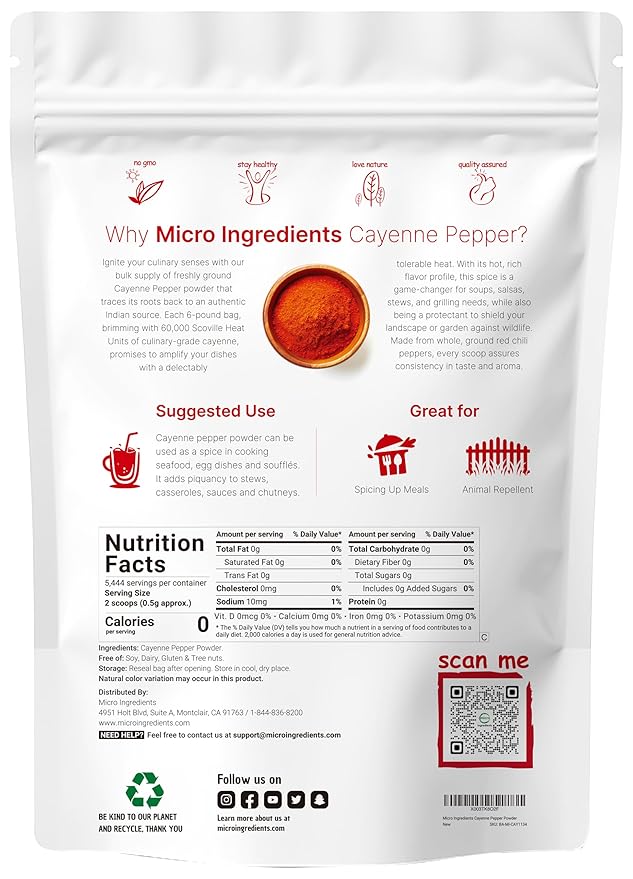Ground Cayenne Pepper Powder, 6 lb (60,000 SHU) | Premium Source | Spicy Heat with Natural Bite | Great for Seasoning & Garden Wildlife Control | Additive Free, Non-GMO, Bulk Supply