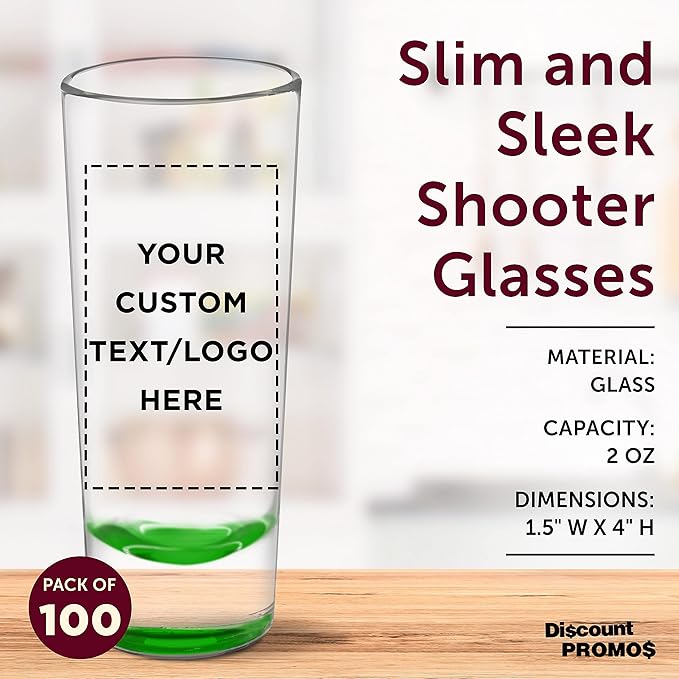 Custom Cordial Shooter Shot Glasses 2 oz. Set of 100, Personalized Bulk Pack - Great for Birthdays, Parties, Indoor & Outdoor Events - Green