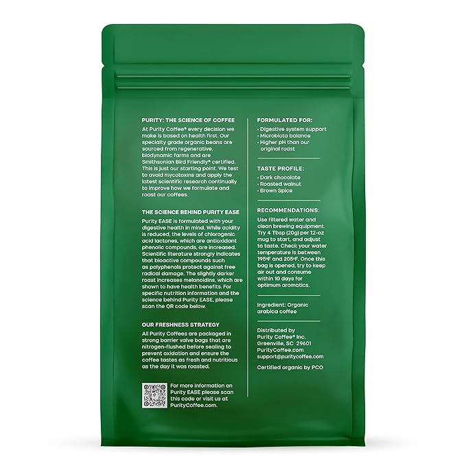 Purity Coffee EASE Dark Roast Ground Coffee for Low Acidity - USDA Organic and Third-Party Tested for Antioxidants, Mold, Mycotoxins and Pesticides - 12oz (Purity Ease, dark_roast) | Ground| EASE