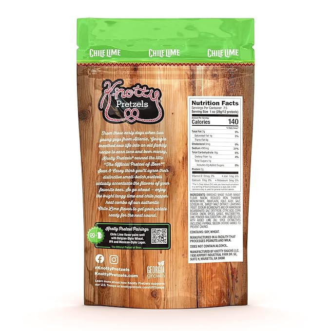 Knotty Pretzels ?쏷he Official Pretzel of Beer??7.5 oz Individual Seasoned Pretzels in Resealable Pretzel Snack Bags, The Perfect Pairing for Beer, Chile Lime Flavor (6-Pack)
