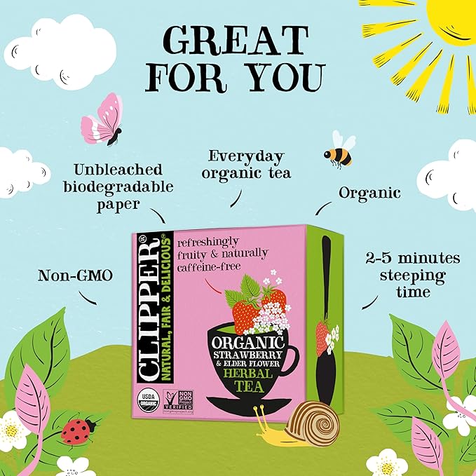 Clipper Tea Strawberry & Elderflower Herbal Tea ??Caffeine Free, USDA Organic, Great Hot or Iced ??Refreshingly Fruity, Natural, Fair & Delicious ??50 Tea Bags