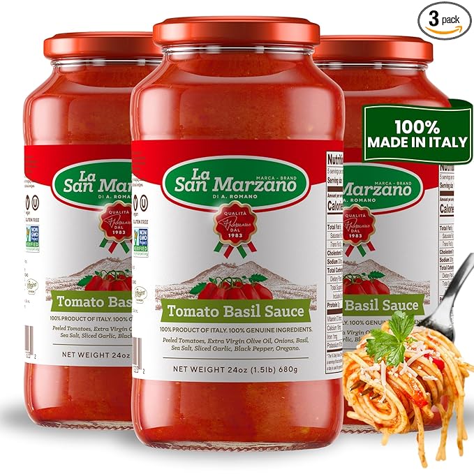 La San Marzano Tomato Basil Sauce, 24 oz, Pasta Sauce Made in Italy, All Purpose Tomato Premium Quality, All Natural, Mediterranean Diet, Non GMO, Vegan, Gluten Free