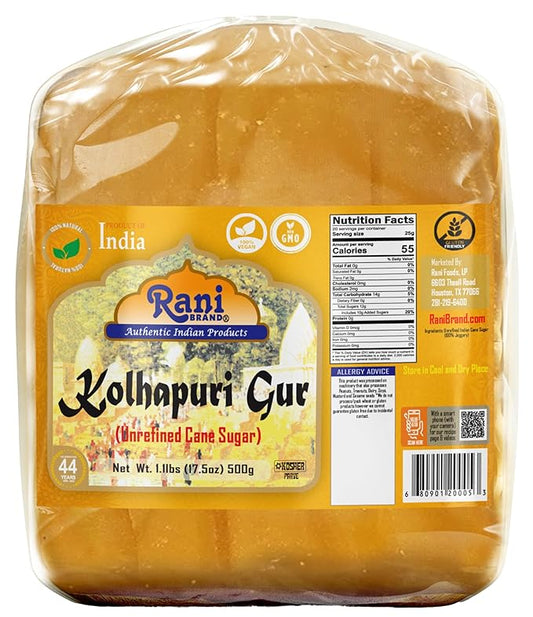 Rani Kolhapuri Gur (Jaggery) 17.5oz (1.1lbs) 500g ~ Unrefined Cane Sugar, No Color added, Gluten Friendly | Vegan | NON-GMO | Kosher | No Salt or fillers