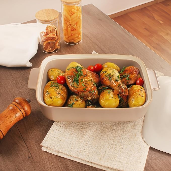 10" x 7" Casserole Dish 1.7 Quart Ceramic Bakeware Set with Lids, Chip and Crack Resistant Ceramic Casserole Dish with Handle 11.6 In, Microwave, Dishwasher, Oven, Freezer and Fridge Safe