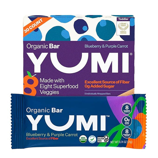 Yumi Organic Toddler Snacks Bars - Gluten-Free, No Added Sugar, 7+ Vegetables, Soft-Baked Crust, Yumi Bars Healthy Toddler Organic Snacks - School Safe for Lunch Boxes, Blueberry & Purple Carrot (30ct.)