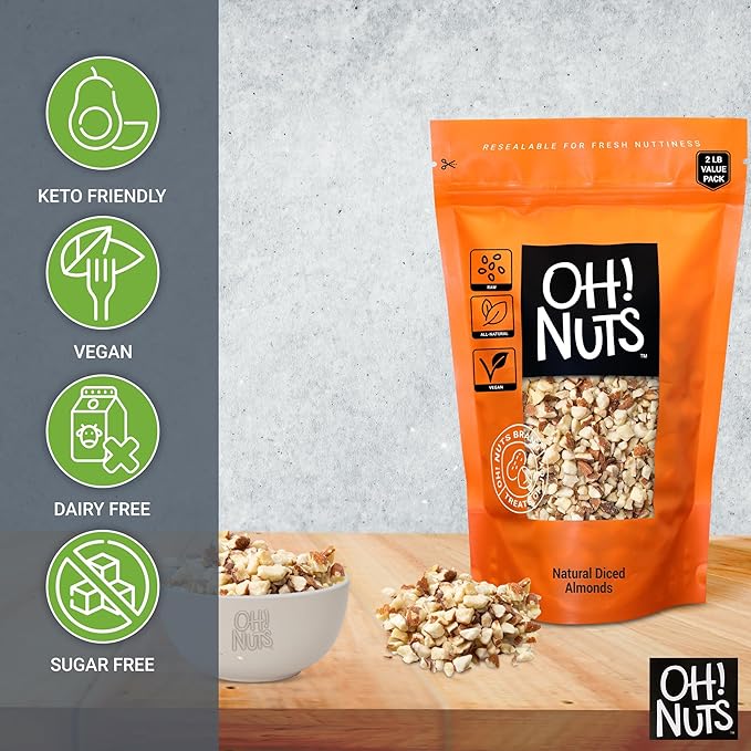 Oh! Nuts Almonds Natural Diced - Raw - 100% Natural - 2 lb - High-Protein Diced Almonds - Packed in New York Zip-Seal Bag for Exceptional Freshness