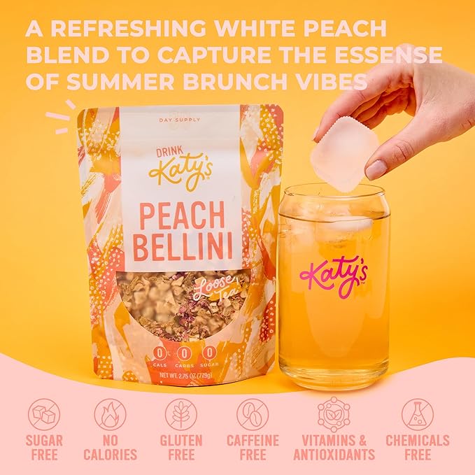Katy?™s Peach Bellini Loose Leaf Tea | Fruity & Refreshing Light White Herbal Tea | Apple, Peach & Mango | Caffeine-Free Tea | 30+ Cups | Hot or Iced | Premium Quality, Woman-Owned | 2.75oz Pouch