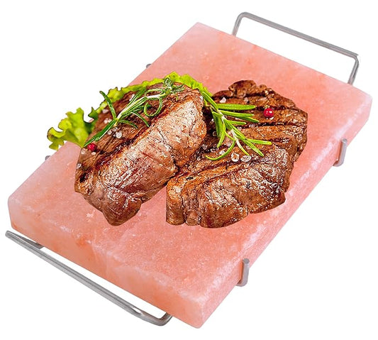 Spantik Professional Salt Block Set with Steel Tray 12" x 8" x 1.5" Himalayan Cooking Plate for Grilling, Cooking, Serving, 100% Pure Natural Food Grade Salt Stone Unique Gifts for Barbecue Smoker