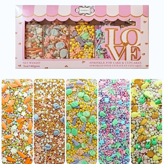 Confect Easter Sprinkles Edible | Assorted pack of 5 White, Pink and Gold Pearls, vermicelli , Easter Bunny & Stars I Cookies, Desserts & cupcake Decorating | Edible Sprinkles Mix for Baking & Cake