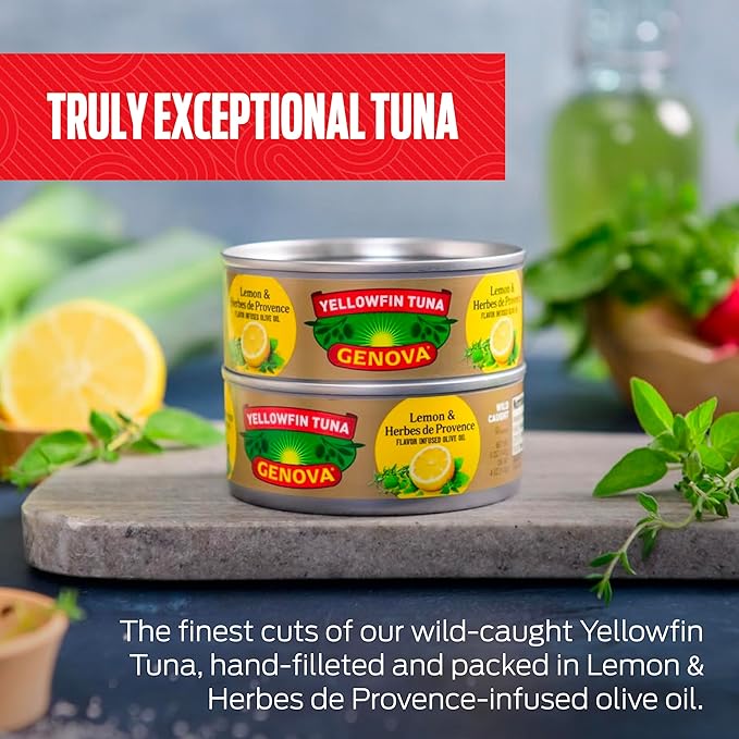 Genova Premium Yellowfin Tune in Lemon and Herbes de Provence Infused Olive Oil, 5 Ounce Cans, 12-Pack – Nutrient Rich, High Protein Canned Tuna Fish - Delicious, Easy, Nutritious Ready to Eat Meals