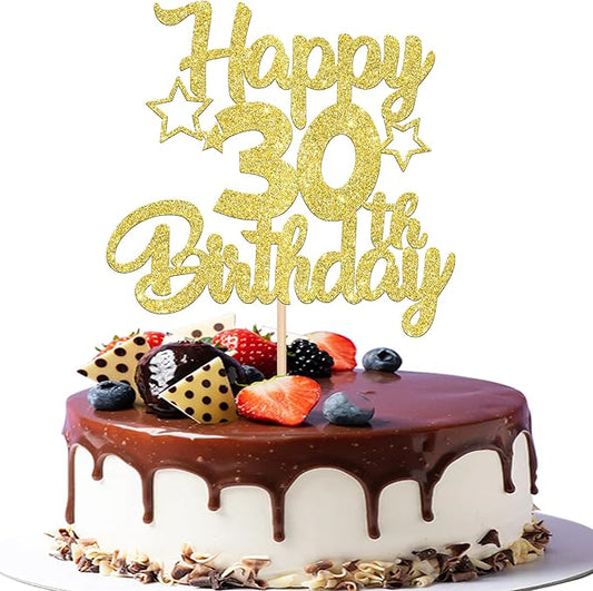 1 Pack Happy 30th Birthday Cake Topper Glitter Heart Star 30 Fabulous Cake Pick Birthday Sign Cake Decorations for 30th Birthday Theme Party Supplies Gold