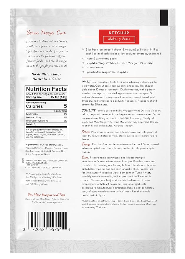 Mrs. Wages Ketchup Mix, Easy-To-Use, Enhance Your Tomatoes, Makes Ketchup in Bulk, Easy To Freeze or Serve Fresh, 5 oz Packet (Value Pack of 6)