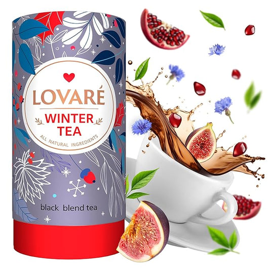 LOVARE Winter Loose Leaf Tea 80 g - Made in Ukraine ??Black Tea, Papaya & Mango Pieces, Safflower Petals, Persimmon, Saffron & Melon Flavors - Tea Lovers Gift Box with 15 Paper Filters