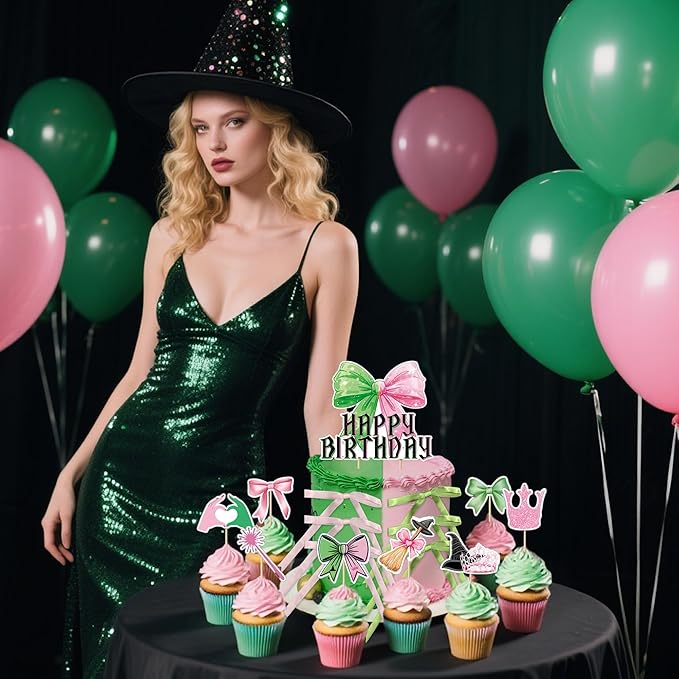 Witch Birthday Cake Decorations Pink Green Cupcake Toppers Pink and Green Birthday Party Supplies Cake Decorations