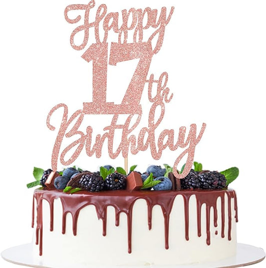 1 PCS Happy 17th Birthday Cake Topper Glitter Cheers to 17 Years Birthday Cake Pick Seventeen Hello 17 Cake Decoration for Happy 17th Birthday Anniversary Theme Party Decorations Rose Gold