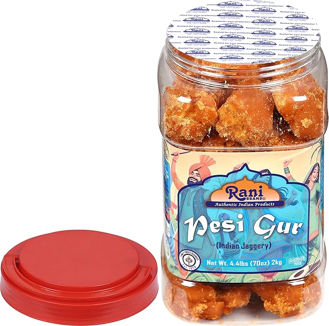 Rani Pesi Gur (Jaggery) Indian Unrefined Raw Cane Sugar 70oz (4.4lbs) 2kg PET Jar ~ Gluten Friendly | Vegan | NON-GMO | Kosher | No Salt or fillers | Indian Product