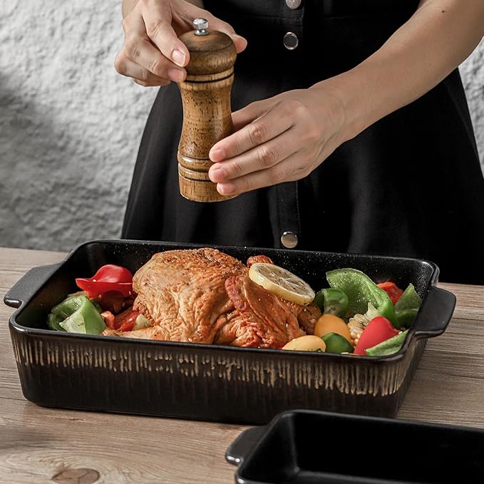 KOOV Bakeware Set, Ceramic Baking Dish, Rectangular Baking Pans Set, Casserole Dish for Cooking, Cake Dinner, Kitchen 9 x 13 Inches, 3-Piece, Stripe Series (Rough Black)