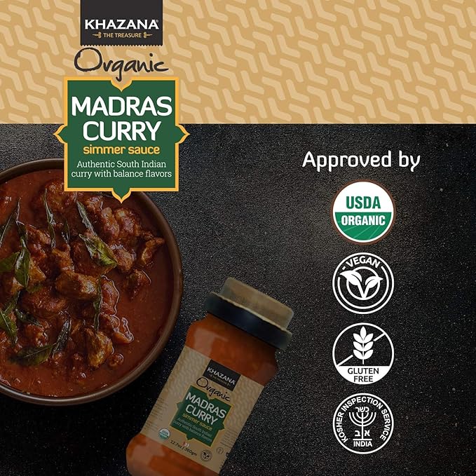 Khazana ORGANIC Madras Curry Indian Simmer Sauce - 12.7oz Jars | Non-GMO, Vegan, Gluten Free, Kosher | Authentic Indian Meals Made Easy at Home!