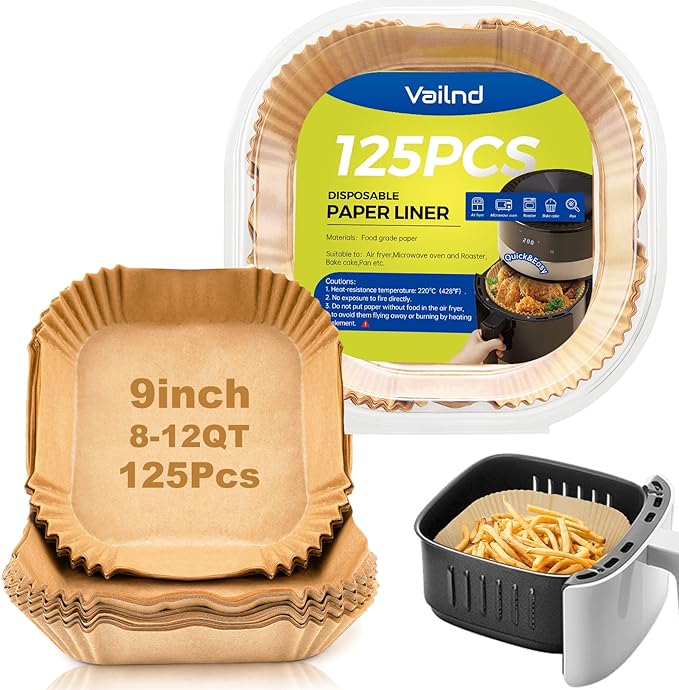 Vailnd 9inch Square Air Fryer Disposable Paper Liners, 125PCS Non-Stick Food Grade Air Fryer Parchment Liner, Oil Resistant, Waterproof, Food Grade Baking Paper for 8-12 QT Air Fryer Microwave