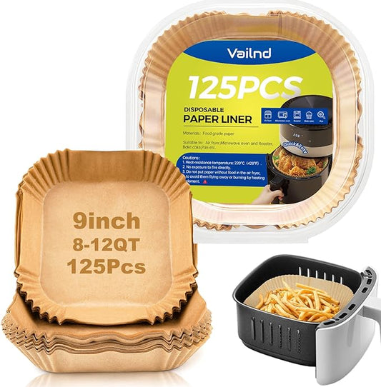 Vailnd 9inch Square Air Fryer Disposable Paper Liners, 125PCS Non-Stick Food Grade Air Fryer