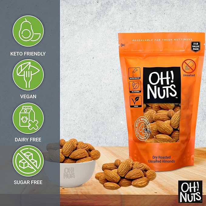 Oh! Nuts Almonds - Roasted Unsalted - 2 lb - Packed in New York Zip-Seal Bag for Exceptional Freshness