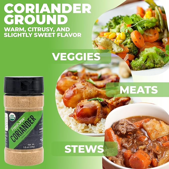 FreshJax Organic Ground Coriander Powder ??3.8 oz | Non-GMO, Gluten-Free, Keto, Paleo, No Preservatives | Premium Organic Spice for Cooking, Baking & Seasoning