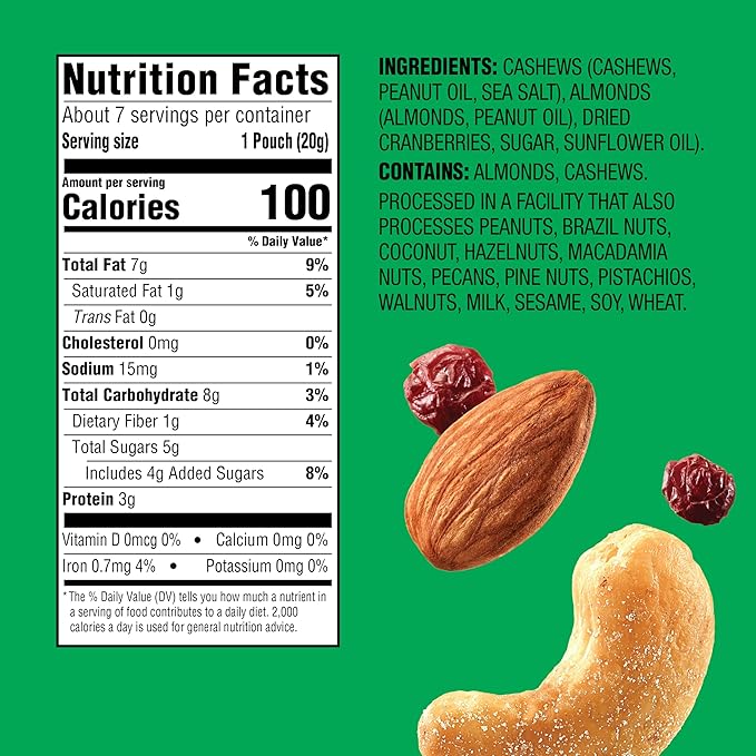 Emerald Nuts Cashews and Almonds with Dried Cranberries 7 Ct (1-Pack) | 100-Calorie Individual Packs of Nut Blend and Dried Fruit | Kosher Certified, Non-GMO, Contains No Artificial Preservatives, Flavors or Synthetic Colors
