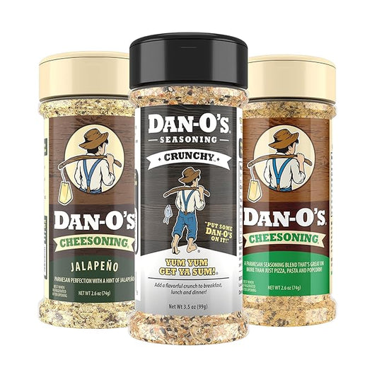 Dan-O's 3 Bottle Seasoning Set, Small Bottles, 3 Pack, Includes Crunchy, Cheesoning and Jalapeño Cheesoning Seasonings, Sugar Free, Zero Calorie, Use this Seasoning Kit in Snacks, Pasta or Sauce