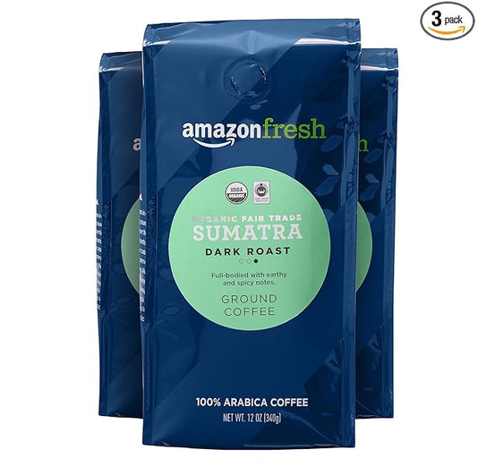 Amazon Fresh Organic Fair Trade Sumatra Ground Coffee, Dark Roast, 12 Ounce (Pack of 3)