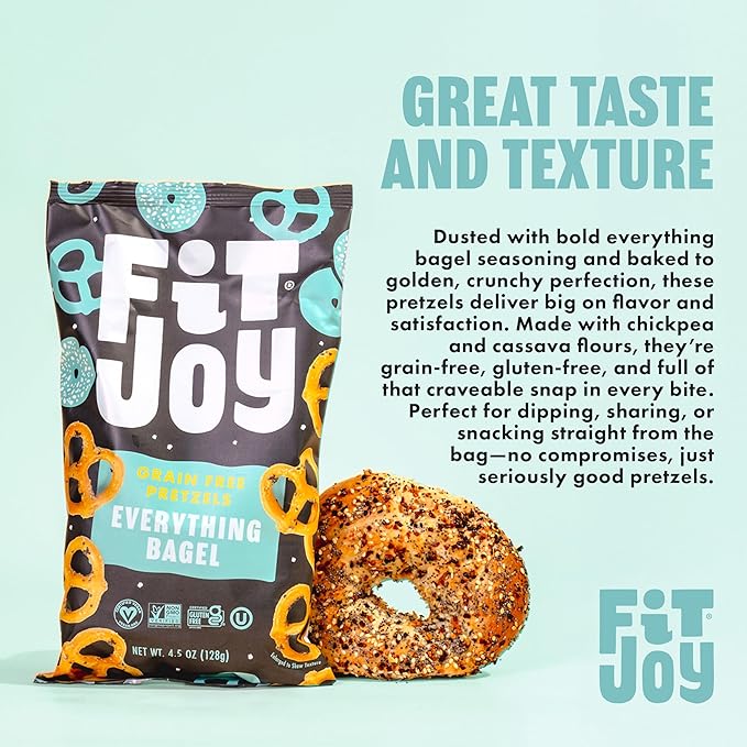 FitJoy Everything Bagel Pretzels (Pack of 6, 4.5 Oz), Dairy, Nut & Gluten Free Snacks, Grain Free Cassava Root & Chickpea Flour Vegan Pretzel Twists, Classic Snack Pretzels for Moms, Children & More