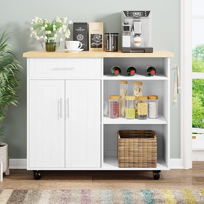 Shintenchi Kitchen Island Cart with Storage,Rolling Kitchen Island Side Table on Wheels with Large Worktop,Storage Cabinet,Towel Rack and Drawers for Kitchen,Dinning Room,Black