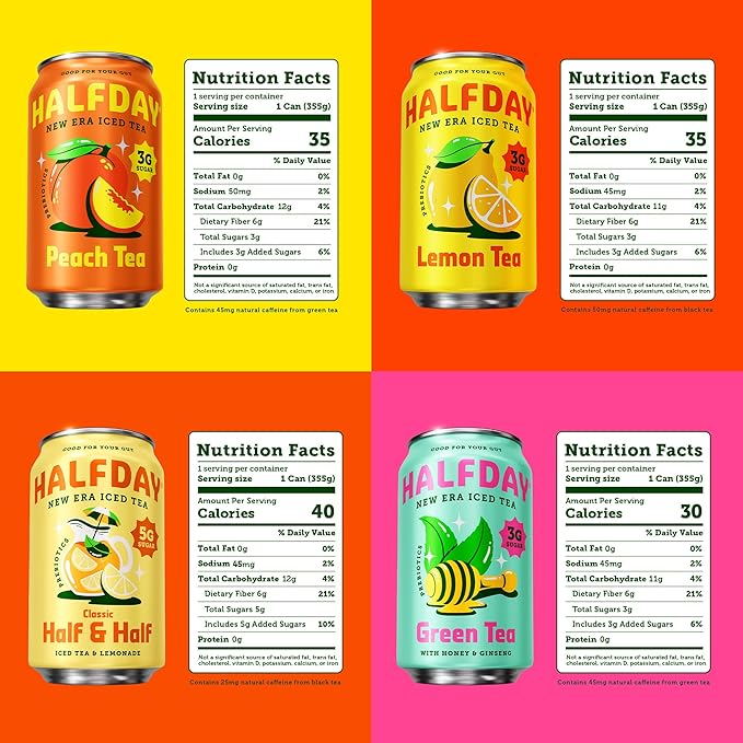 HALFDAY Prebiotic Iced Tea Lemon, Peach, Raspberry and Half & Half Variety Pack, Gut Health, Plant