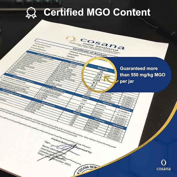 Cosana Manuka Honey 550 MGO + 250g – 100% Pure - Bottled, sealed, and certified in New Zealand