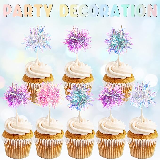 120 Pcs Firework Cupcake Toppers Foil Frill Toothpicks Cake Decorations Sparkle Tinsel Cupcake Toppers Cocktail Picks Firework Par