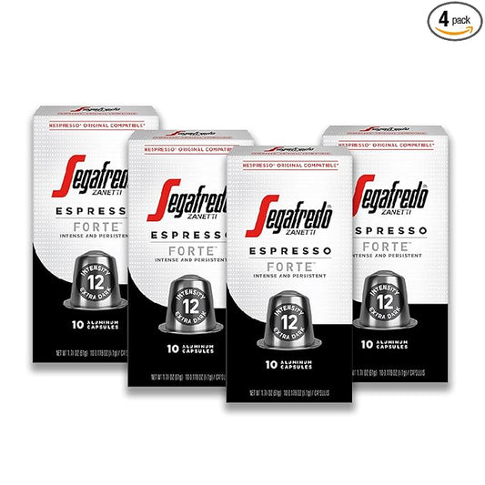 Segafredo Zanetti Espresso Capsules – Aluminum Pods for Nespresso Original Machines – Extra Dark Roast Premium Espresso with a Bold Aroma – Smoky, Intensity 12 – Forte, 10 Count (Pack of 4)