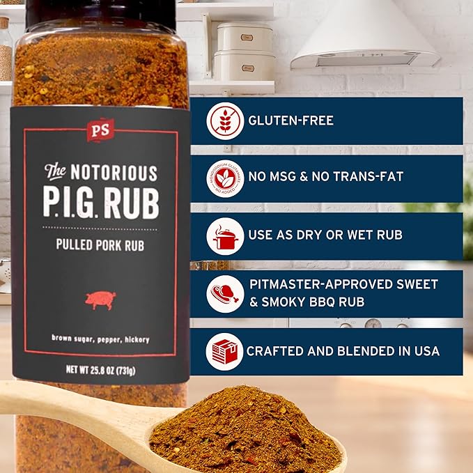 PS Seasoning Notorious P.I.G.- Pulled Pork Seasoning & Dry Rub - Pulled Pork Seasoning, BBQ Rubs for Smoking and Grilling - Sweet & Smoky BBQ Spice Blend for Ribs, Chops, Beef, Steaks, Chicken, 25.8oz
