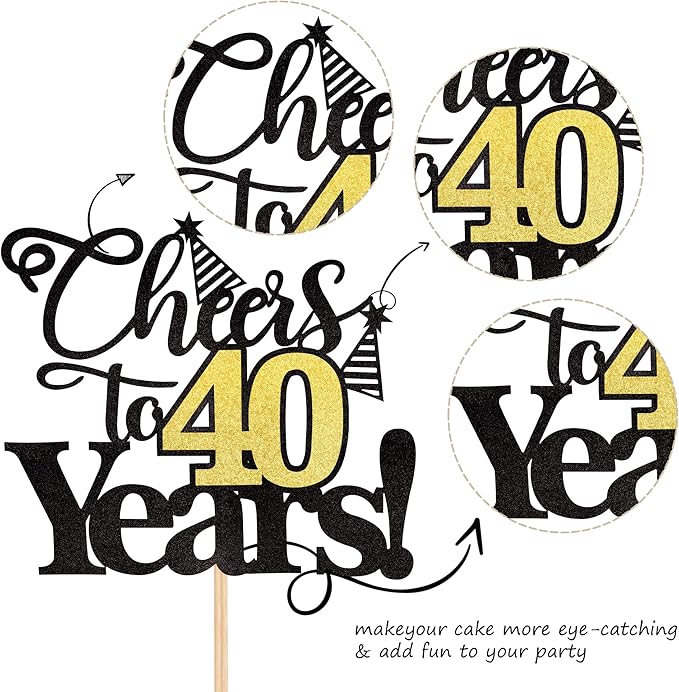 Rsstarxi 1 Pack Cheers to 40 Years Cake Topper Black Glitter Forty Years Old 40th Birthday Cake Pick Decorations for 40th Birthday Wedding Anniversary Party Supplies