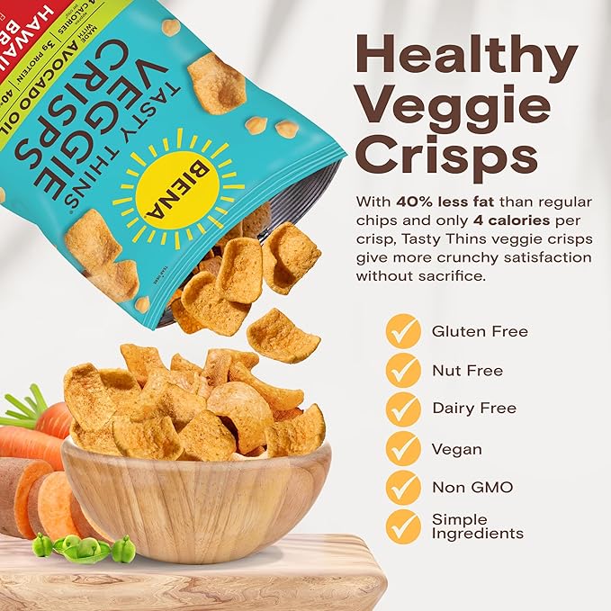 BIENA Tasty Thins Veggie Crisps - Low-Calorie Veggie Chips for Adults and Kids - Variety Pack (6x4-oz Bags) - Hawaiian BBQ, Himalayan Pink Salt, & Nacho