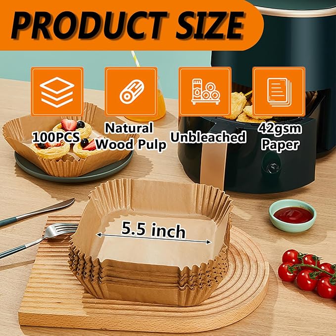 Mini Air Fryer Liners for CHEFMAN 2 Qt Air Fryer, 5.5inch Square Small Air Fryer Disposable Paper Liners, Compatible with Cosori 2.1Qt, Dash 2.6Qt, Instant Vortex 2Qt amd other 2-3Qt Mini Air Fryers