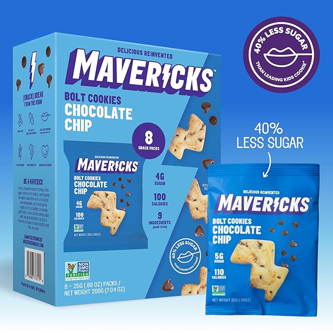 Mavericks Chocolate Chip Bolt Cookies - Plant-Based Chocolate Chip Cookies, Healthy, Plant-Based Snack for Kids, Nut Free, 40% Less Sugar - Back to School - 6 Boxes (48 Pouches)