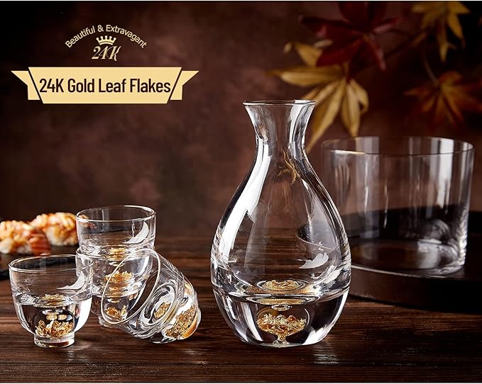 DUJUST Sake Set for 4, Crystal Sake Glass Decorated with 24K Gold Leaf Flakes, 1 Sake Bottle, 1 Sake Tank and 4 Sake Cups/Shot Glass, Cold Sake Carafe, Beautiful & Luxury Japanese Gifts Set - 6 pcs