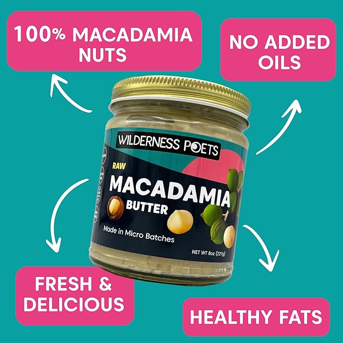 Wilderness Poets, Raw Macadamia Nut Butter - 3 Pack (8 Ounce Jars) - Vegan, No Salt - Glass Jars