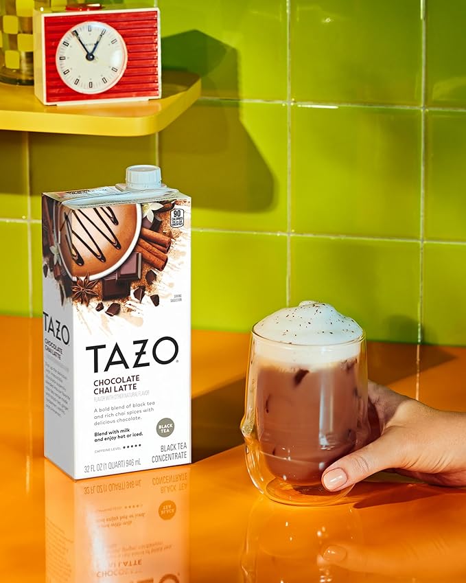 TAZO Tea Concentrate, Chocolate Chai Latte, Strawberry Matcha Latte, Iced Peach Mango 32 Fl Oz (1ea) (Variety Pack)