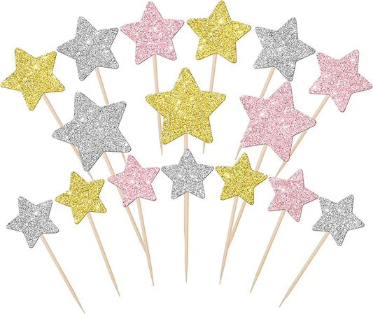 30 PCS Little Star Cupcake Toppers Silver Pink Gold Glitter Twinkle Star Cupcake Picks Bridal Shower Cake Decorations for Wedding Engagement Baby Shower Birthday Party Supplies